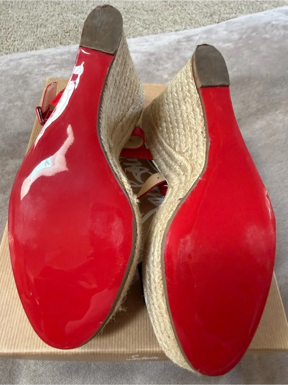 Christian Louboutin Red/White Patent & Navy Patent Espadrille Wedge Sandals